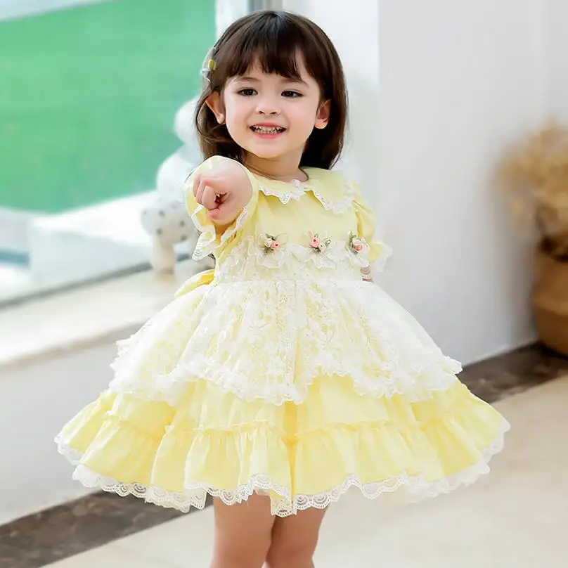 Summer New Spanish Lolita Princess Ball Gown Short Sleeve Lace Stitching Birthday Party Easter Dresses For Girl 12M-6T  A275