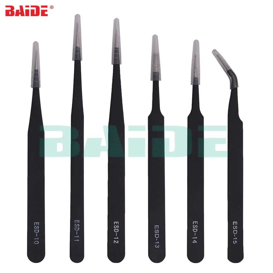 6Pcs Black ESD Tweezers Antistatic Stainless Steel Nipper with ESD 10 11 12 13 14 15  for Phone Precision Repair Tools Set 20set