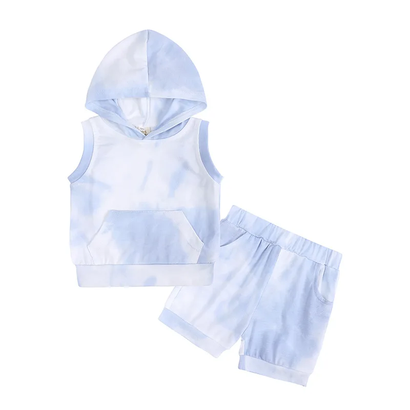 Boys Kids Tie-dyed 2 pieces Clothes Sets Girls Cotton Summer Short Tracksuits Tops Infant Solid color Hoodie Set Outfits