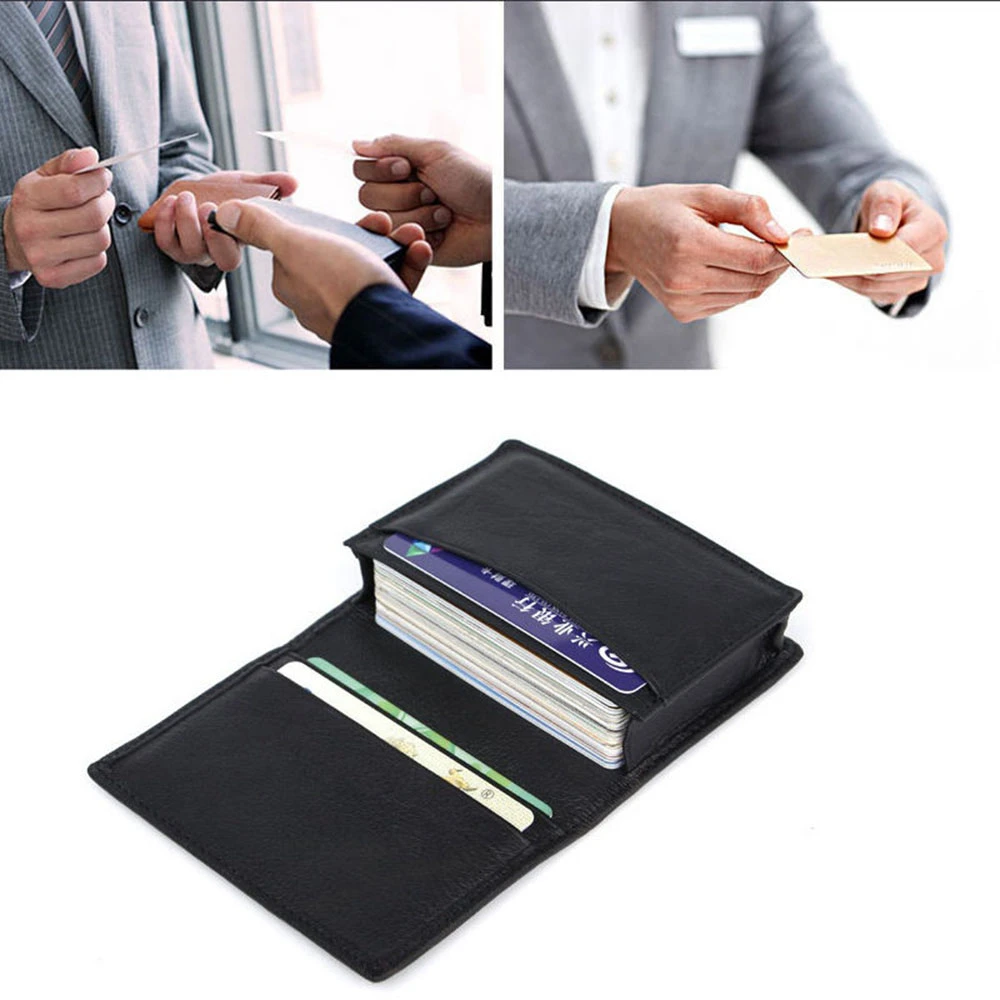 Black Men Women First Layer Leather Expandable Convenience Practical Credit Card ID Business Large Capacity Card Holder Wallet