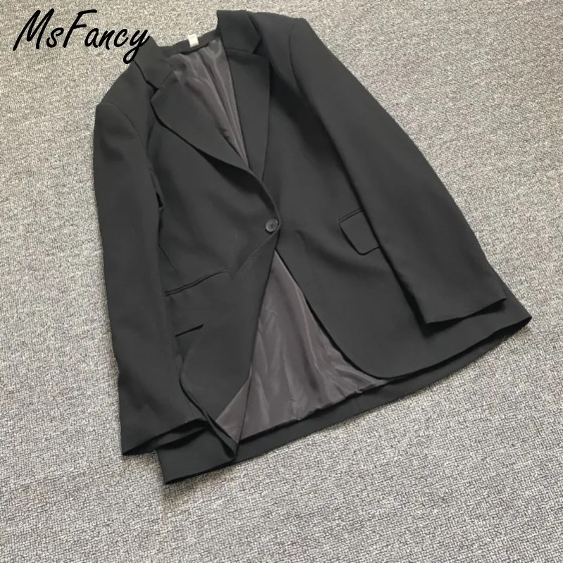 Msfancy Black Oversized Blazer Women Plus Size Tailleur Femme Vintage Single Button Casual Jacket Outwear