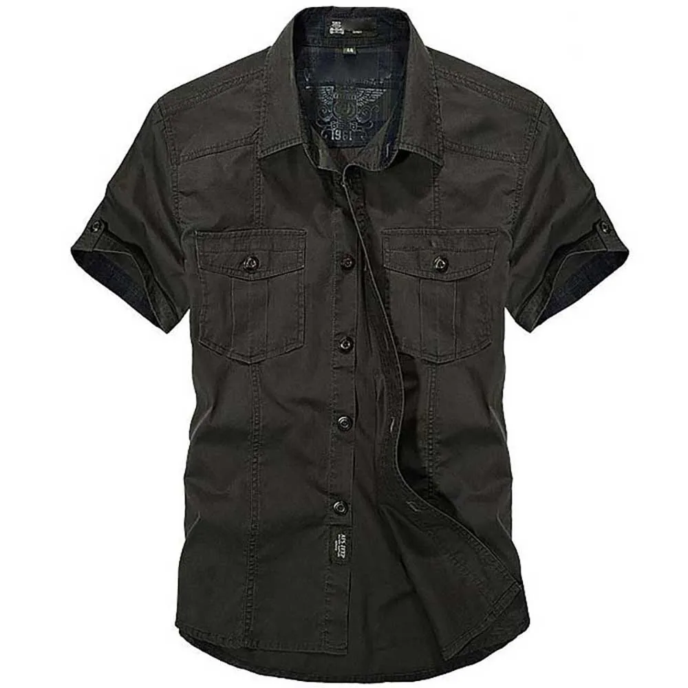 Camisas informales de algodón para hombre, ropa holgada de talla grande, manga corta, cuello vuelto, estilo militar, Verano