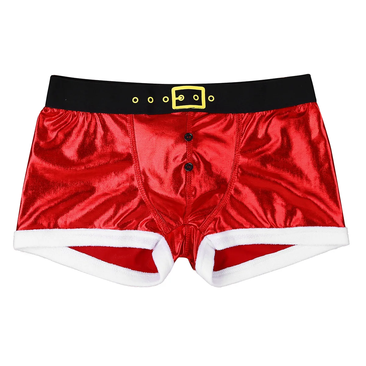 Bóxer de cuero de imitación metálico brillante para hombre, estampado divertido, patrón de cinturón, vacaciones de Navidad, disfraz de Santa Claus, pantalones cortos, ropa de discoteca