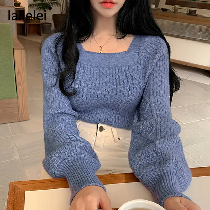 Lantern Sleeve Square Collar Knitted Sweater Crop Pullover Women Chic Korean Style Lazy Oaf Harajuku Cute Fall 2020 Winter Kazak