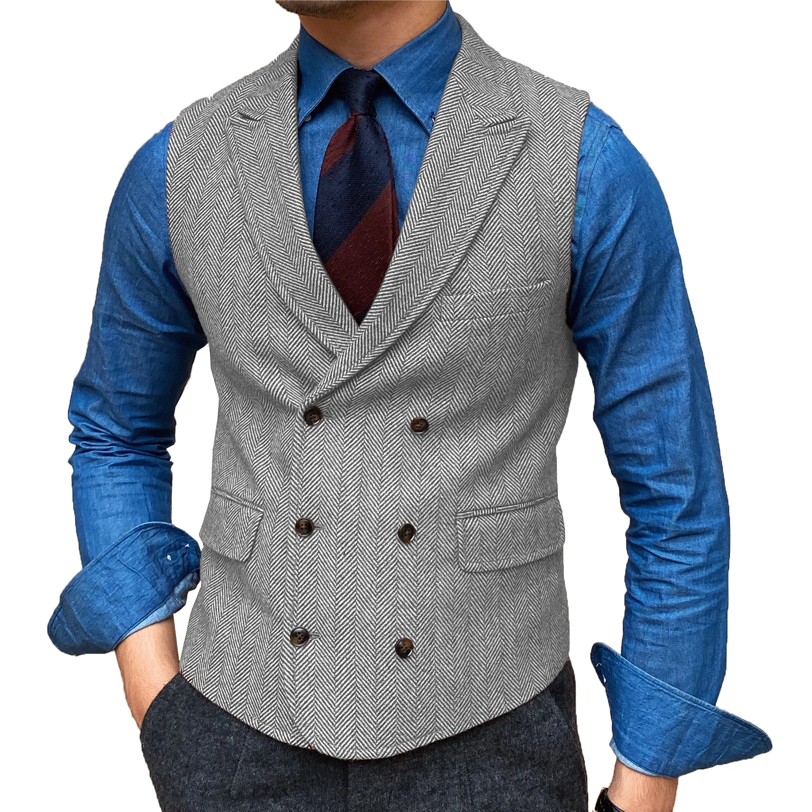 Mens Waistcoat Lapel Neck Wool Brown Retro Waistcoat Casual Formal Pocket Business Slim Fit Vest Groomman For Wedding Working