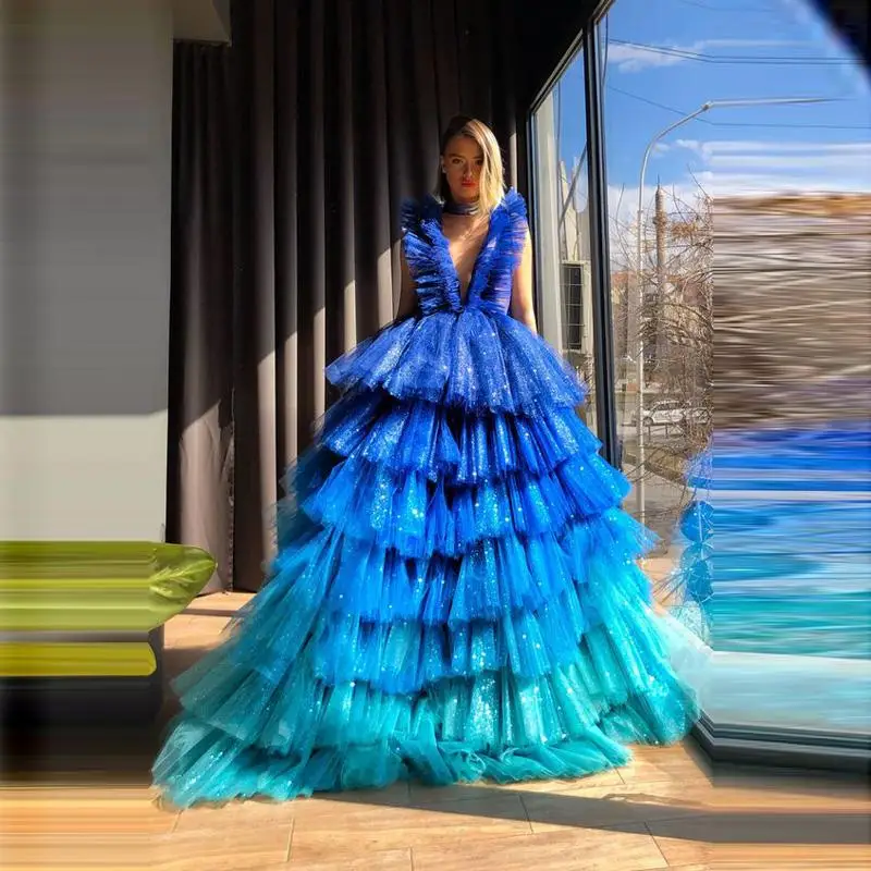 Kontrast Farbe Vetidos Prom Kleider Tiefem V-ausschnitt Chic Tiered Tüll Blau Grün Promi Party Kleid Lange Abendkleider