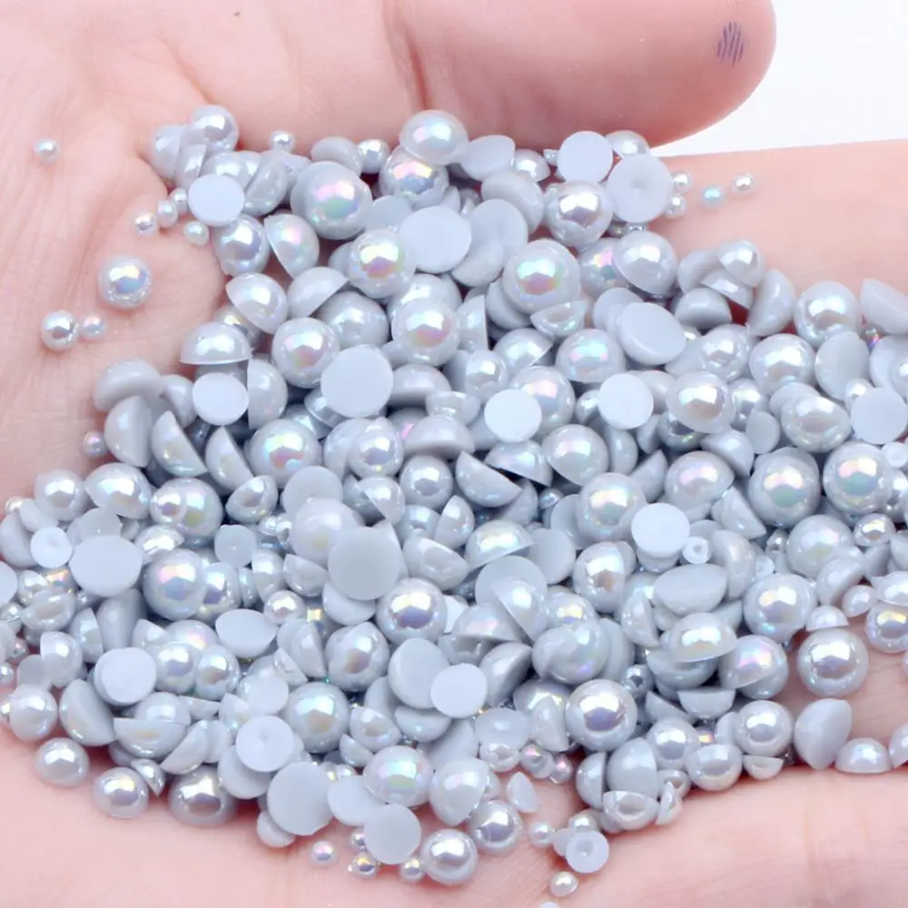 

Non Hotfix Half Round Pearls Light Grey AB 2-12mm And Mixed Sizes Glue On Resin Bead For Nail Art DIY Design Supplies