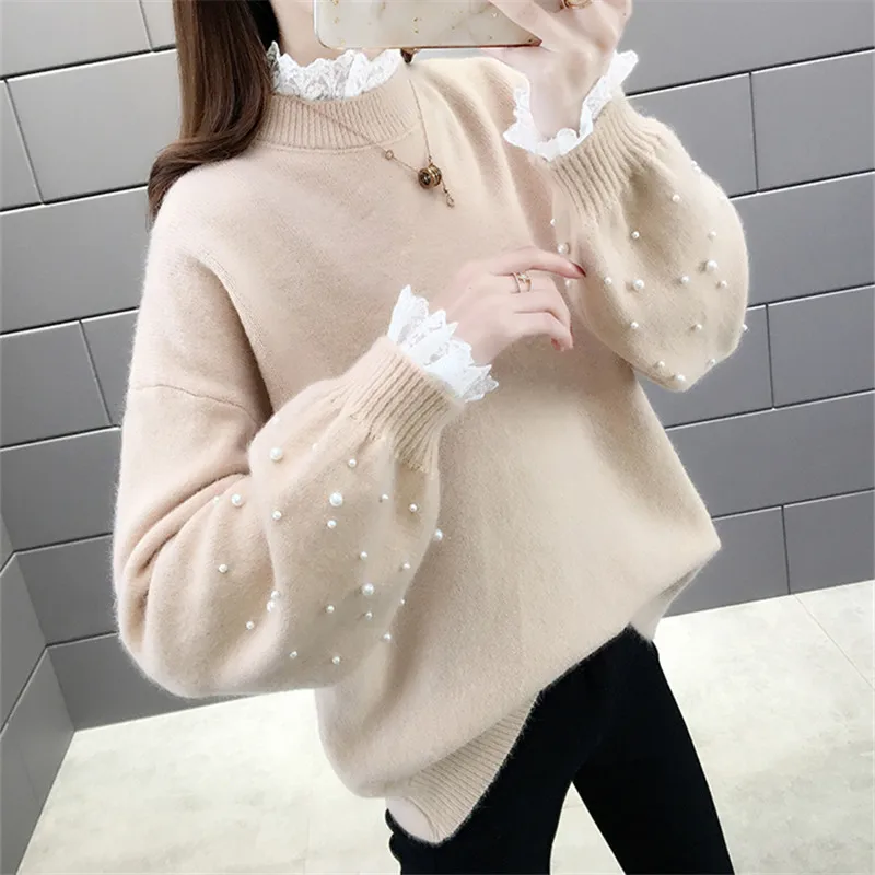 Beading Lace Splicing Collar Knitted Sweater Women Autumn Winter Fashion Thick Pullover Solid Color Loose Short Knit Tops Female