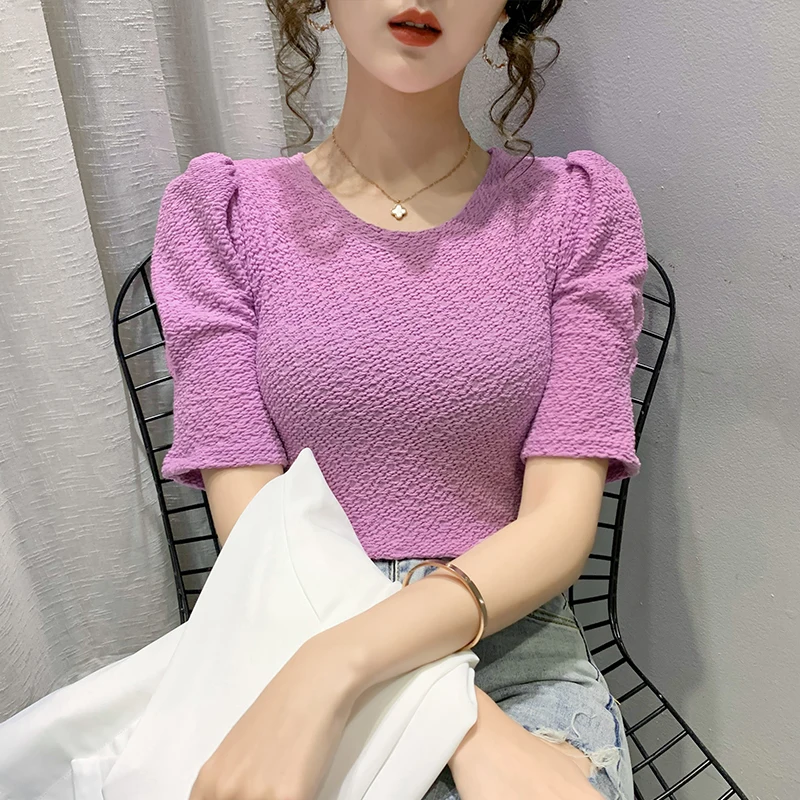 Women 2021 Summer New Solid Color Bubble Short-sleeved Folds T-shirt Female Korean Loose Student Bottoming Shirt T-shirt Top