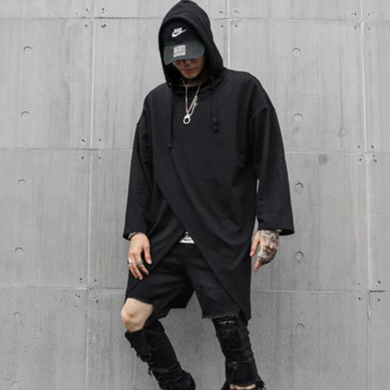 

Men's T-shirt European American spring style loose hooded long sleeve men's medium and long style fake two hip-hop stage wear