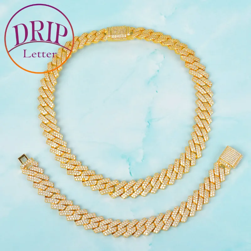 

Solid 14mm Miami Cuban Choker Square Link Necklace $ Bracelet Gold Color Iced Out Cubic Zircon Rock Hip Hop Style Men's Jewelry