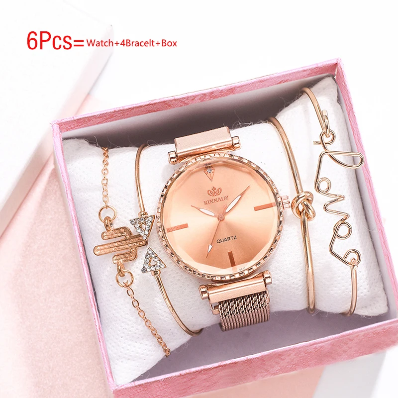 

Hot Sale Ladies Quartz Watch 6Pcs Bangle Watches For Women Watches Fashion Women Bracelet Set Female Diamond Clock With Box