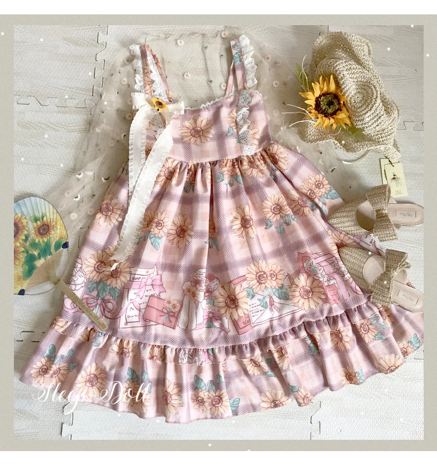 Robe Lolita en dentelle pour fille, Plaid rétro, imprimé tournesol, doux et mignon, écharpe d'été, feuille de Lotus, taille haute, Cosplay Cos Loli