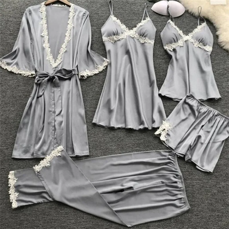 Home Clothes Silk Pajamas For Woman 5 Piece Lounge Wear 2023 Pijamas Summer Pyjama Satin Femme Spaghetti Strap Sexy Lace