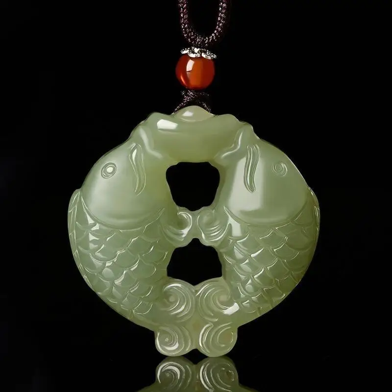 Natural A hetian jade carving black jade fish green jade pendant unique design jadeite jade necklace men jewelry