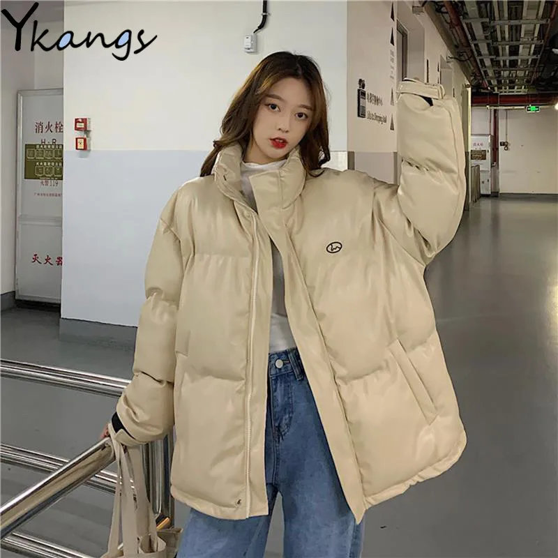 

2020 Ins PU Leather Winter New Coat Korean Loose Warm All-Match Cotton Jacket Women Thick Windproof Casual Daily Female Clothing