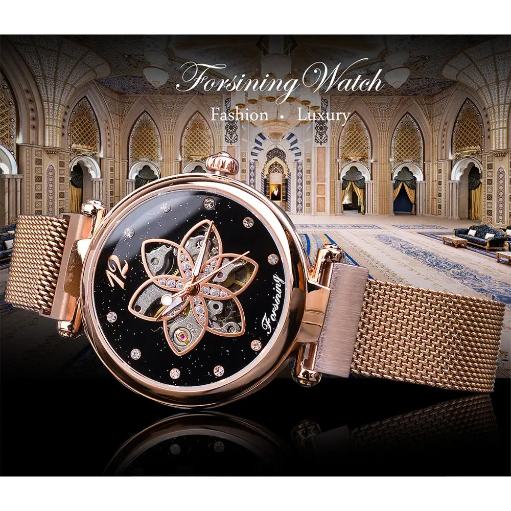 Forsining Female Watches Diamond Luxuy Mechanical Women Wristwatches Rose Gold Mesh Top Brand Flower Dial 2019 Fashion Clock