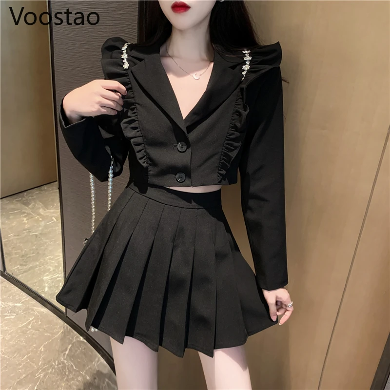 

Autumn Gothic Preppy Style Skirt Sets Women Elegant Ruffles Long Sleeve Cropped Blazers Tops High Waist A-Line Mini Skirts Suit