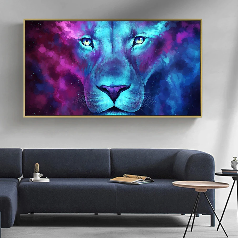 DDHH Big Size Colored Planet Glowing Lion Canvas Painting Modern Animal Picture Art Wall Art Poster for Living Room