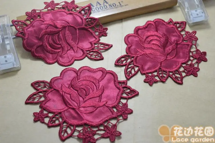 5pcs Burgundy Luxury Applique Patch Lace Sewing Crafts Lace For Wedding Dress Decoration Headband 12X10cm