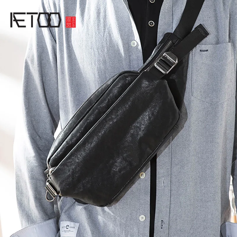 AETOO-Bolso de pecho de cuero suave para hombre, bolsa inclinada de cuero, bolso de pecho multifuncional, tendencia para hombre