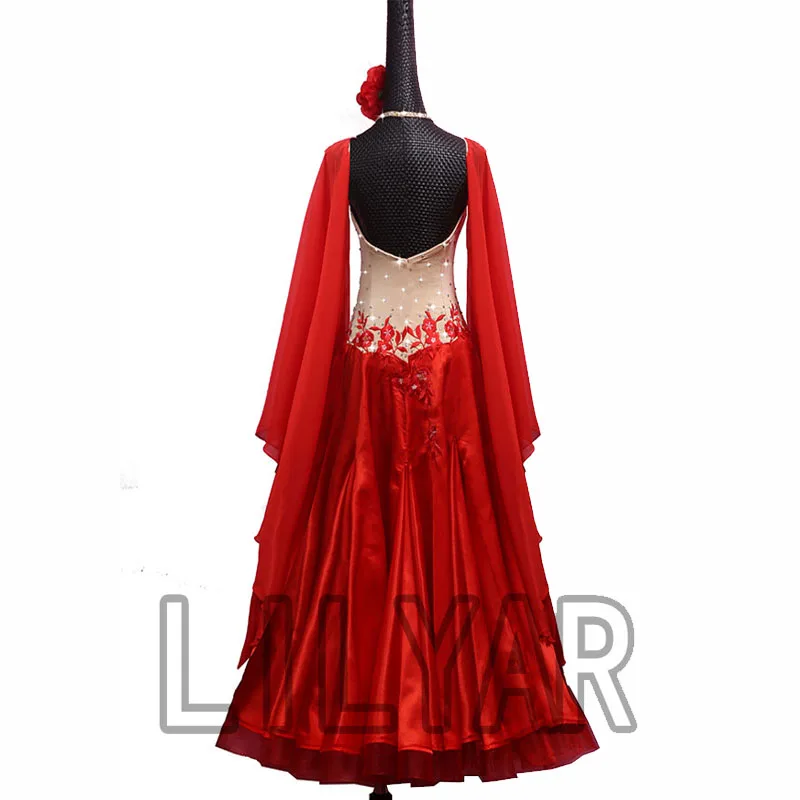 Ballroom Dance Dress Standard Skirt Competition Dress Costumes Performing Dress Customize Adult Children Red Embroidered Skirtes