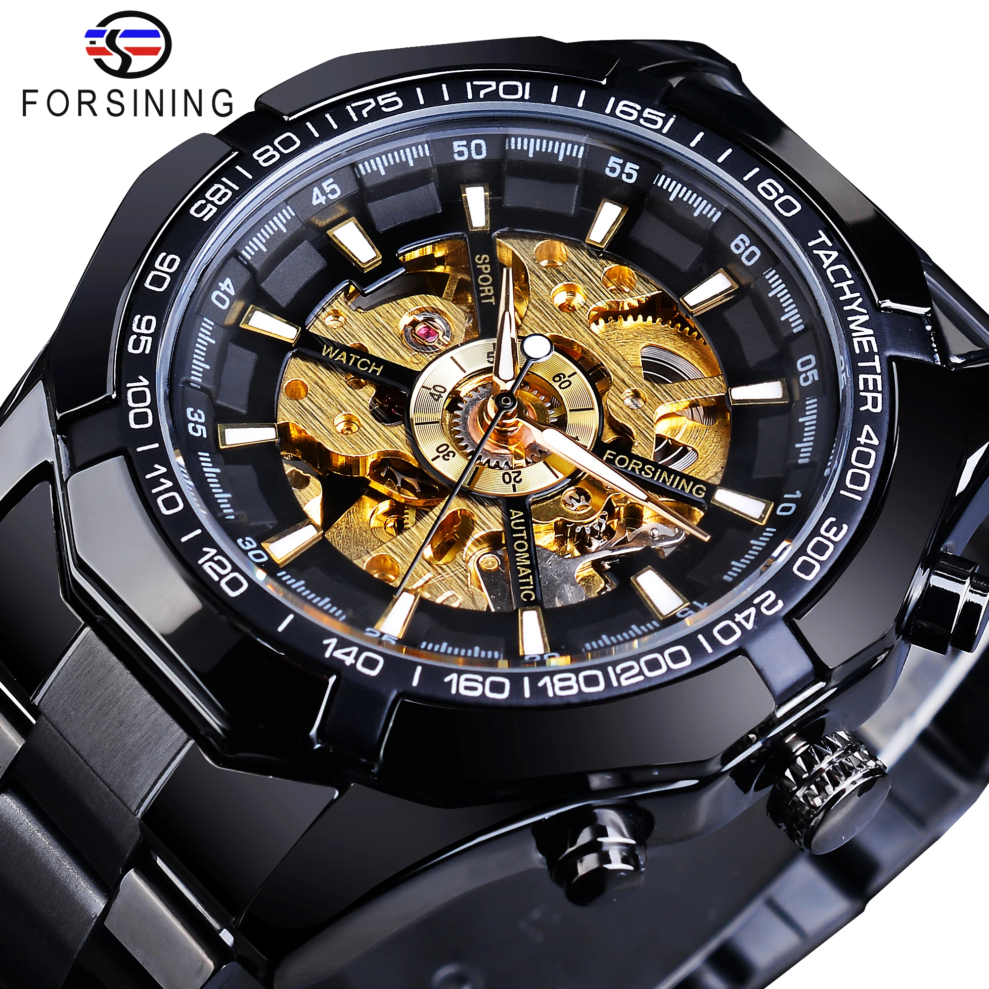 

Forsining 2021 Waterproof Black Steampunk Stainless Steel Mens Automatic Skeleton Mechanical Sport Wrist Watch Top Brand Luxury