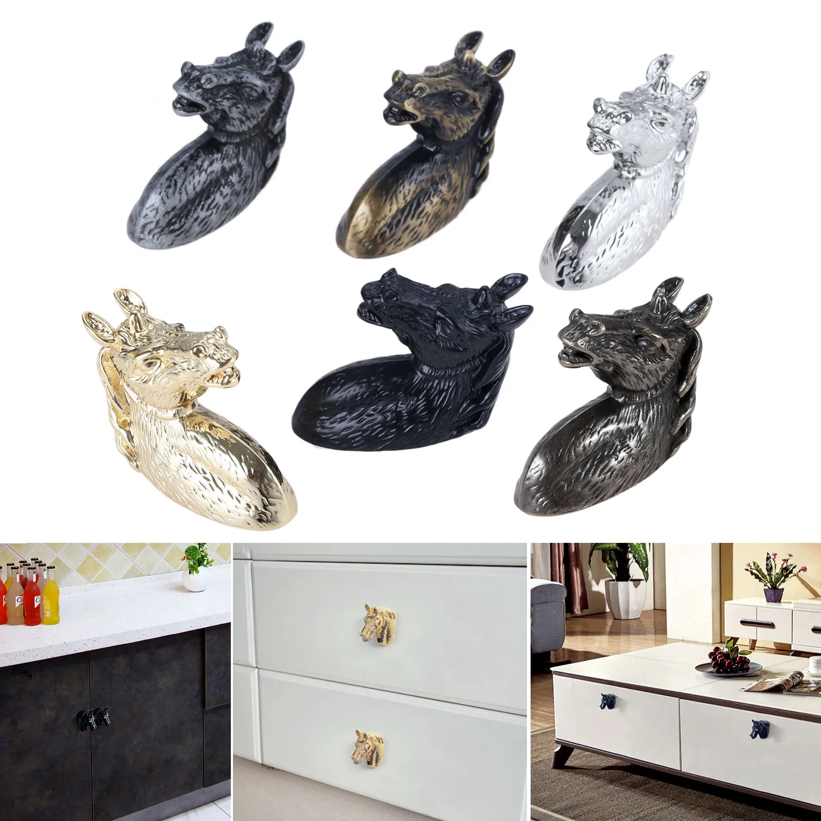 DRELD Creative Furniture Cabinet Knobs and Handle Horse Head Pull Kitchen Cupboard Wardrobe Drawer Door Pull Furniture Hardware