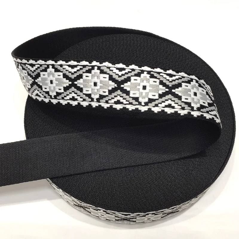 

High Quality Ethnic Polyester Jacquard Webbing Strap For Bag 2 Inch 50MM Black/White Color