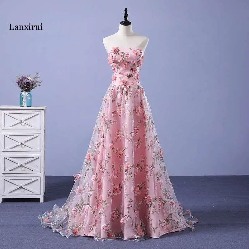 

Lanxirui Pink Flowers Dresses Long Strapless Sweetheart vestido de formatura longo Evening Gown Party Halloween