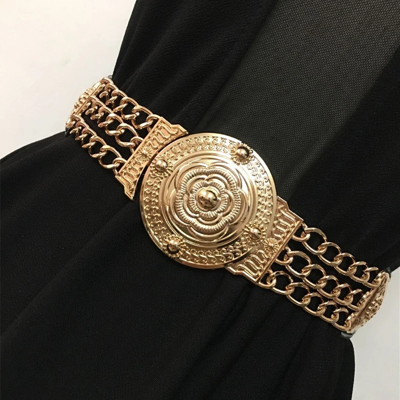 2023 Ladies Floral Elastic Gold Chain Belt Female Waist Golden Metal Flower Designer Belts For Women Dress Stretch Cummerbunds