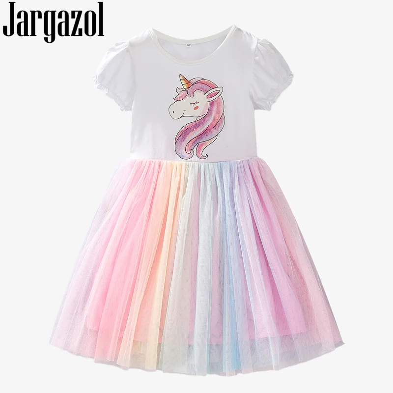 Jargazol Rainbow Unicorn Dress Kids Clothes Baby Girl Dresses Elegant Cute Summer Short Sleeve Princess Dress Mesh Vestidos