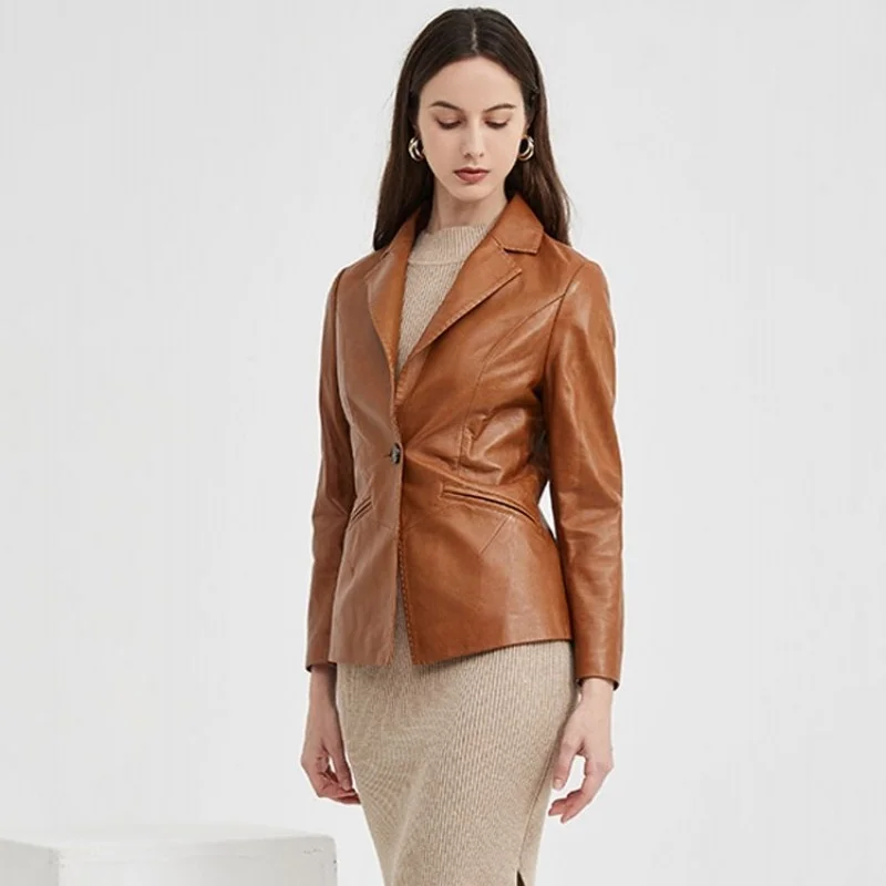 Damen Büro Elegant Schaffell Echtes Leder Blazer Jacke Eine Botton Slim Fit Frauen Herbst Outwear Natur Leder Anzug Mantel