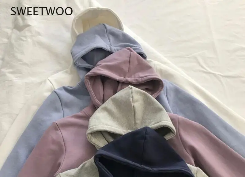 Frauen Kurz Hoodies Sweatshirts Koreanische Süße Mädchen Plain, Frühling Herbst Lange Hülse Lose Baumwolle Hoodie 6 Farben