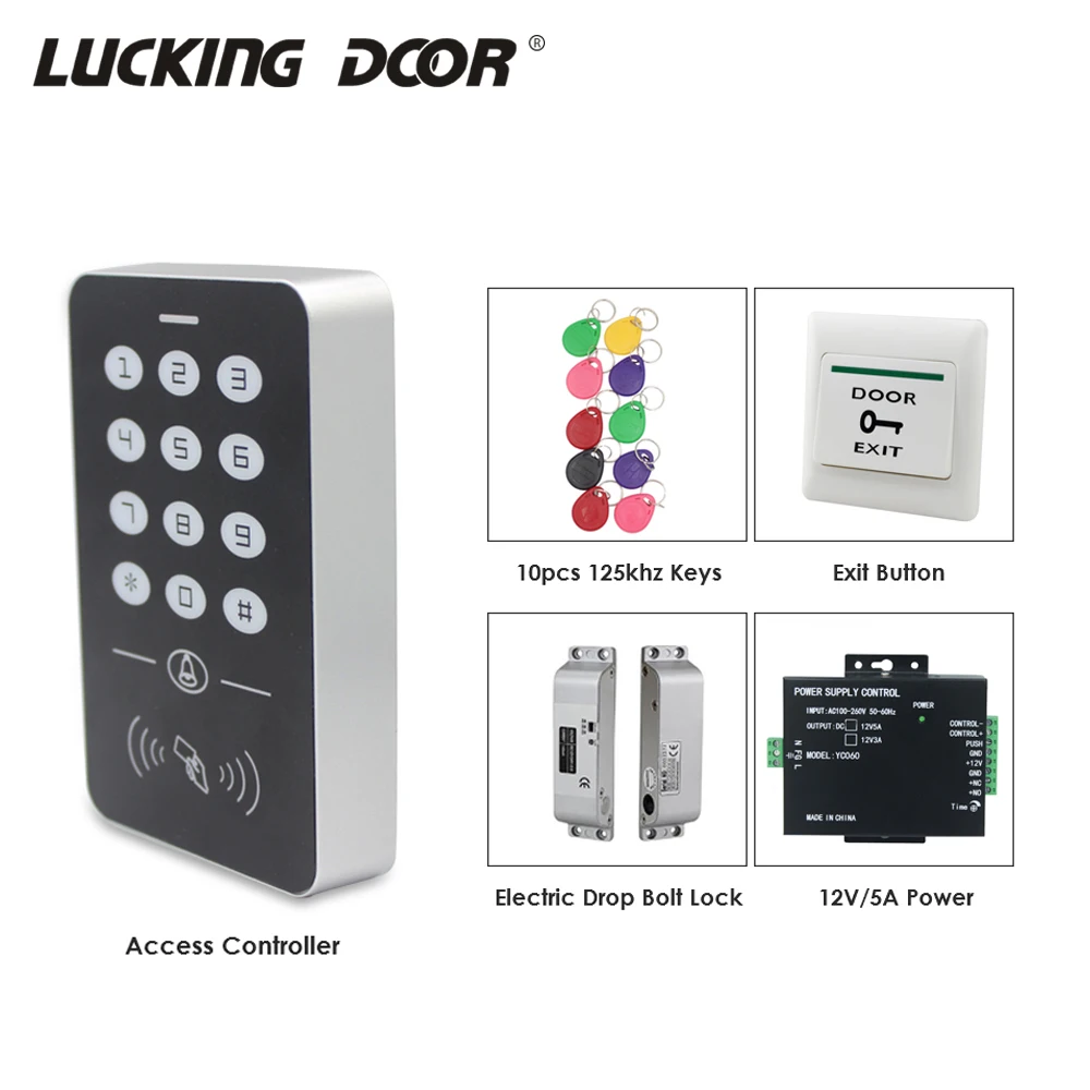 

Single Door Access Control System Kit RFID Reader Keypad Access Controller Kit 180KG Electronic Lock Power Supply Smart Key