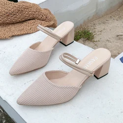 LazySeal 5cm High Heels Summer Slides Women Slippers For Ladies Pointed Toe Stretch Fabric Mules Shoes Woman Sandals Footwear