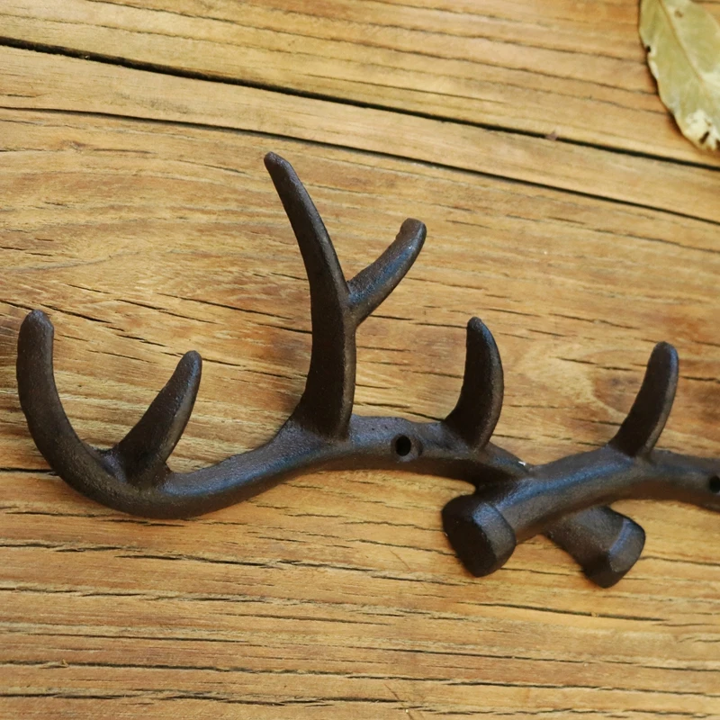 Vintage Reindeer Antler Cast Iron Wall Hook American Country Farm Accents Home Decor Handmade Heavy Metal Mounted Hanging Rack