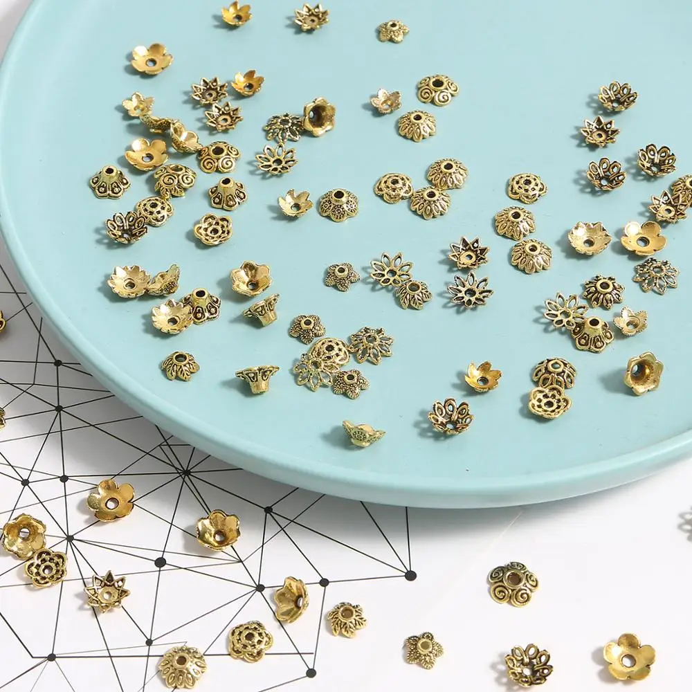 50-100Pcs/lot Fashion Alloy Antique Gold Color Flower Bead End Caps For Jewelry Making Necklace Earring Findings DIY Accessories
