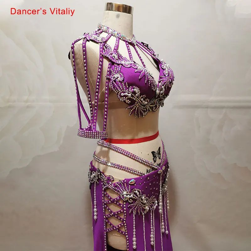 Belly Dance Suit Diamond-Studded Bra Split Long Skirt Performance Clothing High-end Custom Woman Child Competition Clothes Set