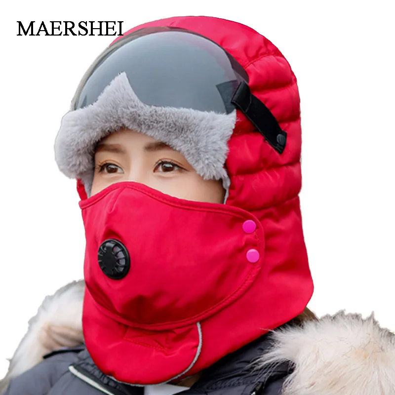 MAERSHEI Fleece Earmuffs Hat Skiing Hat Snowboard Riding Motorcycle Men Cycling Bomber Hat with Glasses Windproof Mask