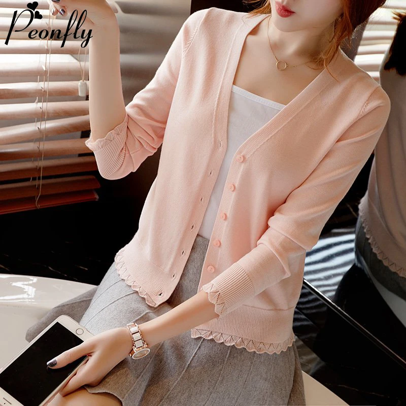 PEONFLY Elegant Ruffle Knitted Cardigan Women Coat Solid 2020 Spring Fashion V Neck Long Sleeve Sweater Coat Tops Femme Red Pink