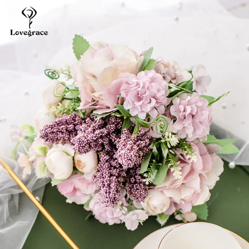 Silk Peony Hydrangea Bouquet Artificial Flower Fake Rose Wedding Bride Bouquet Decor for Home Hotel Table Accessories Silk Flore