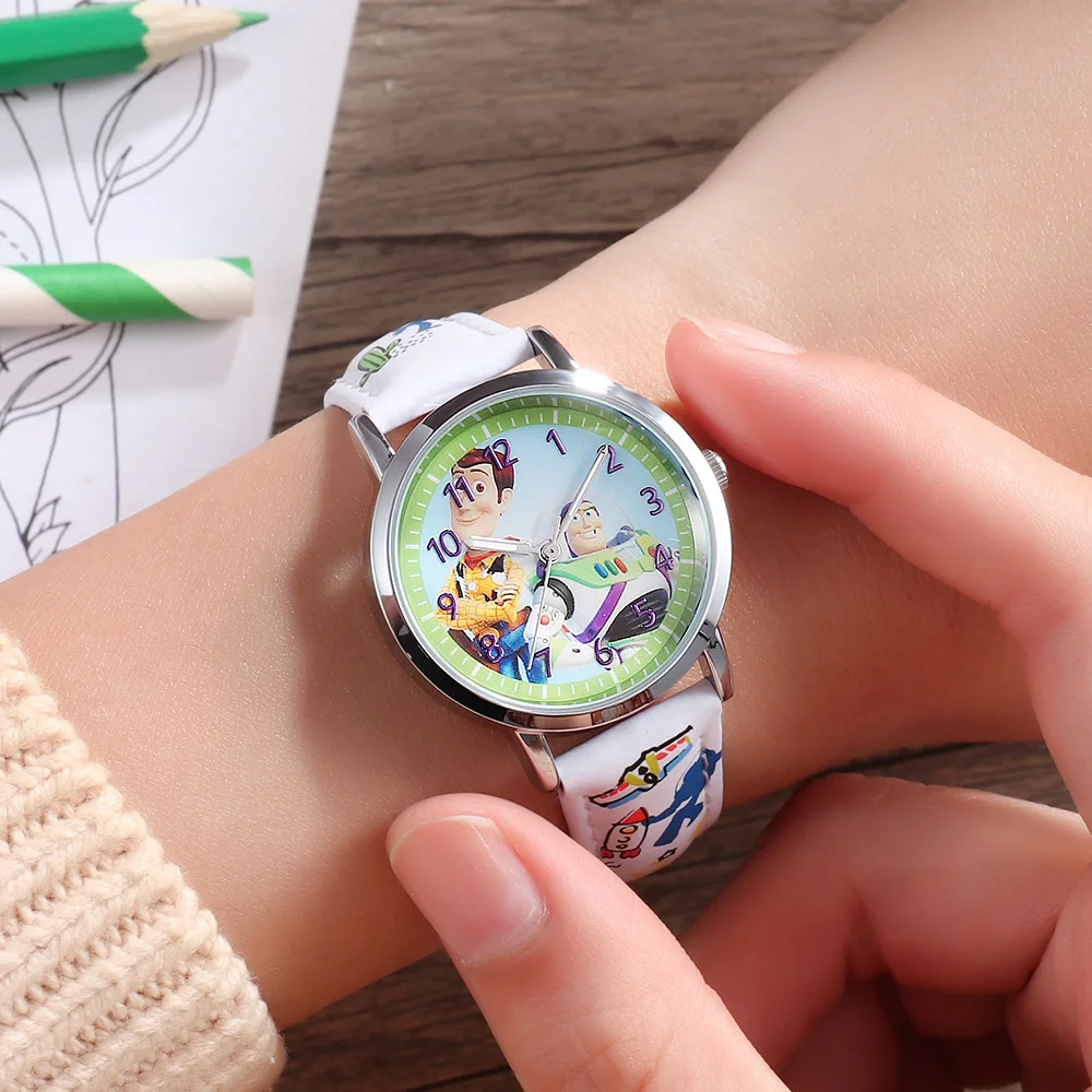 Disney Original Children Donald Duck Cartoon Quartz Wristwatch Graffiti PU Strap Toy Story Buzz Woddy Alien Boy Girl Student Kid