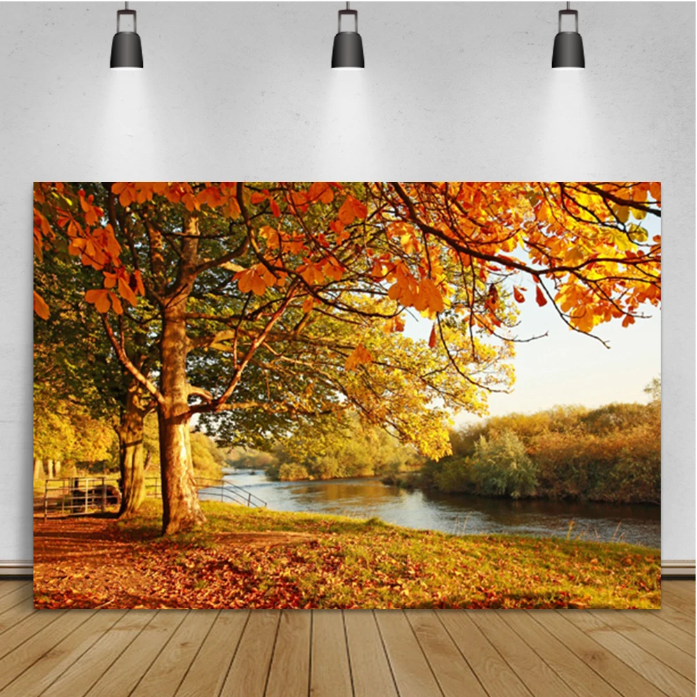 Laeacco Autumn Scenic Backdrops Landscape Yellow Forest Maple Trees Leaves Road Photography Backgrounds Baby Portrait Photophone