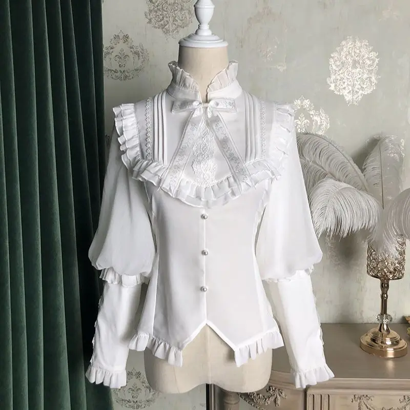 Original New Japanese Princess Style Shirt Harajuku Long Gigot Sleeves Chiffon Tops Bowknot Lace Sweet Blouse for Women