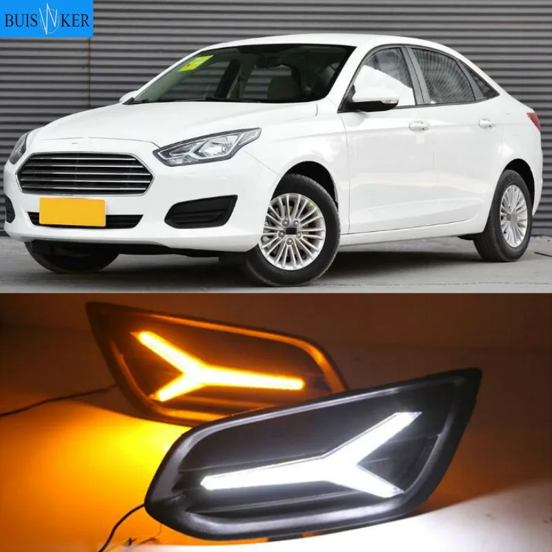 1Pair DRL LED Fog Lamp Cover With Yellow Turning Signal Tricolor Functions For Ford escort 2015-2018 Daytime Running Light