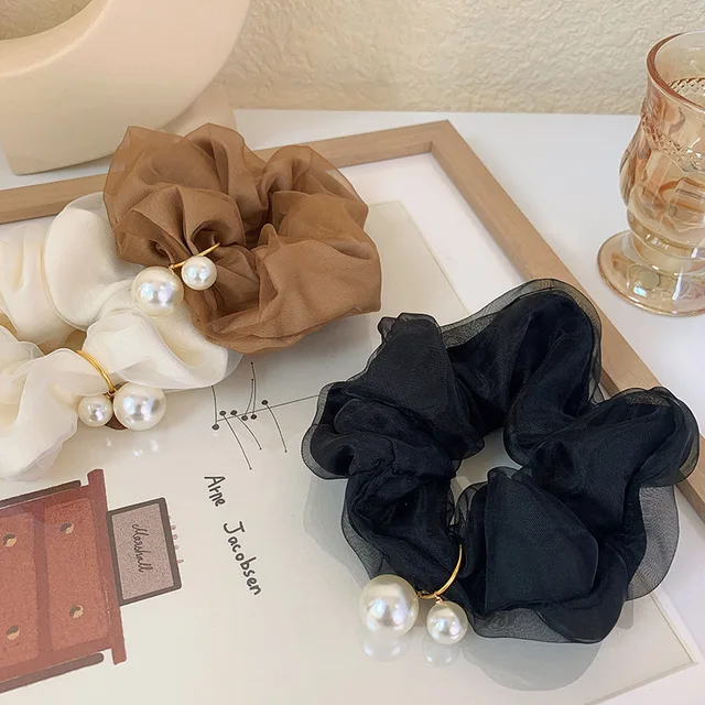 Moda dwuwarstwowe szyfonowe gumki do włosów elegancka perłowa opaska do włosów solidna elastyczna opaska do włosów uchwyt na kucyk nakrycia głowy dla kobiet