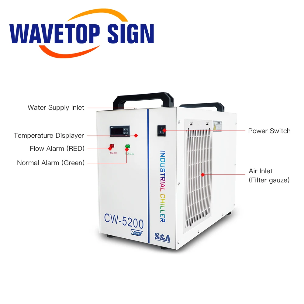 WaveTopSign S & A CW5200 CW5202 صناعة مبرد المياه لآلة قطع النقش بالليزر CO2 تبريد 80 وات 100 وات 150 وات أنبوب ليزر