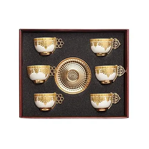 LaModaHome Espresso Coffee Cups with Saucers Set of 6, Porcelain Turkish Arabic Greek Gold Coffee Cups and Saucers, coffee Cup f