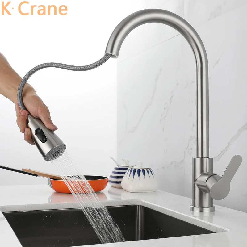 SUS304 Stainless Steel Faucet Pull Out Kitchen Tap Hot Cold Water Mixer Crane Single Handle One Hole Sink Tap Brush Nickel Grifo